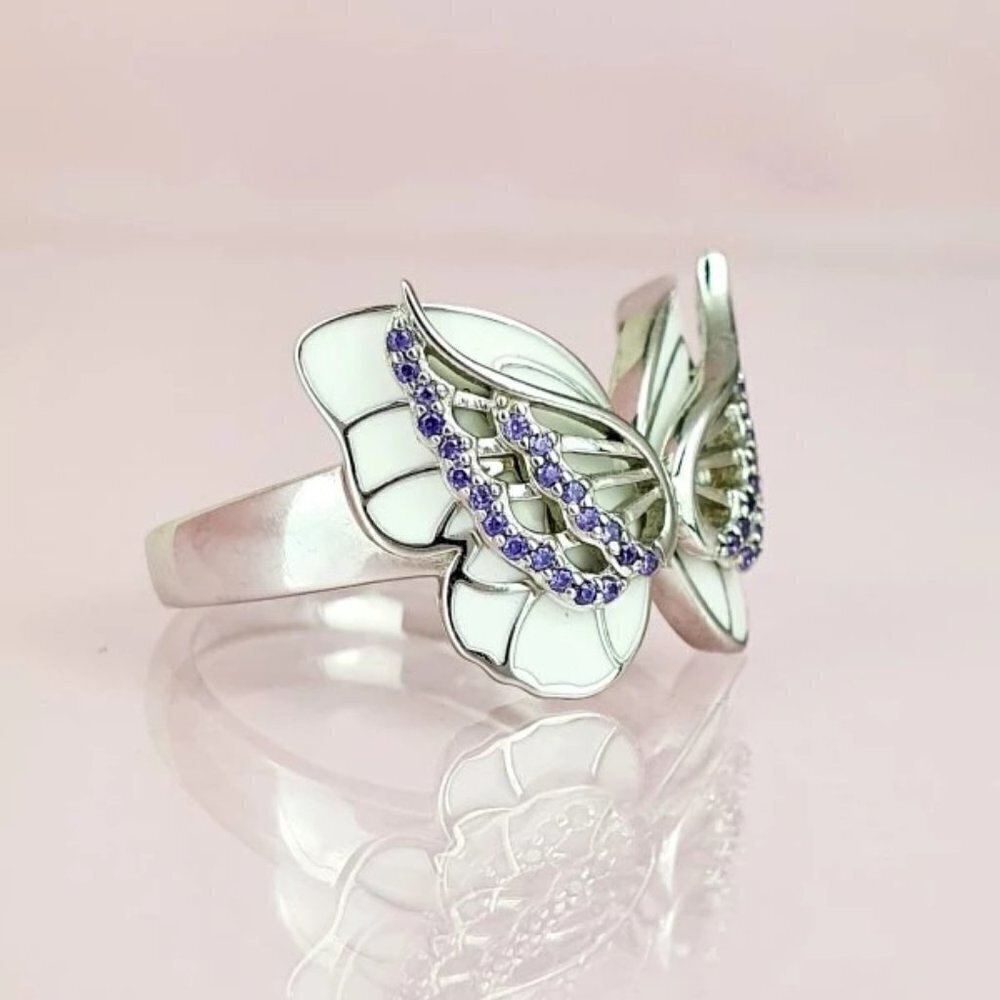 💝Sweet White Butterfly Anillos Silver Plated Ring for Women/Girl,, UNVN12339 - Picture 3 of 6